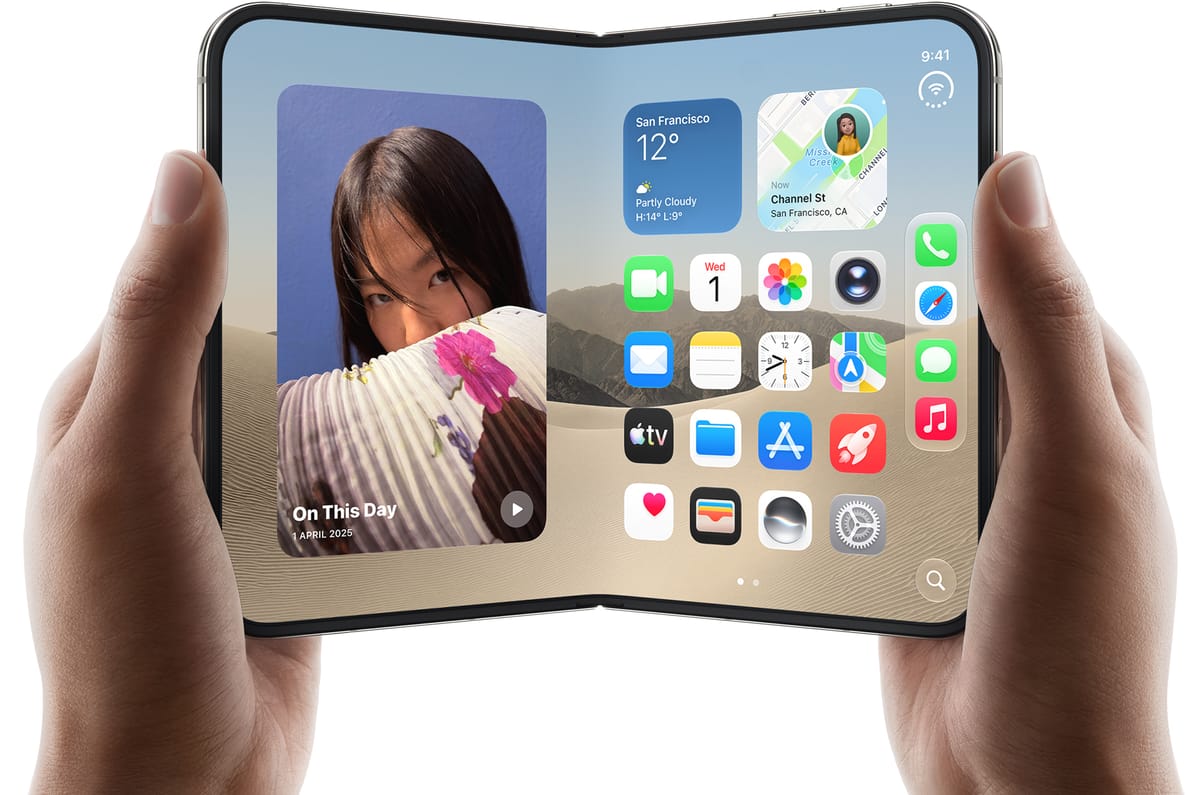 Two hands holding a foldable iPhone Duo, opened flat, showing the home screen